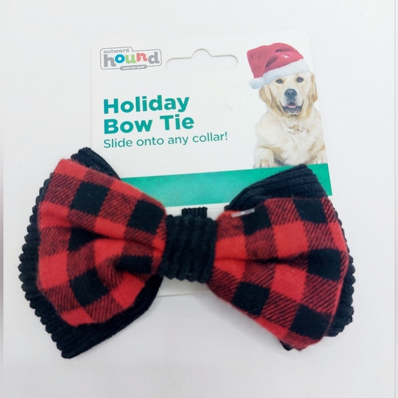 Black and Red Plaid Holiday Bow Tie Collar - Slider For Dogs By Outward Hound - Picture 1 of 5